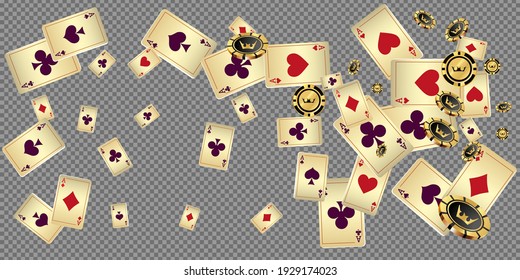 Falling aces and casino chips are falling down. Playing Cards rain. Pattern for ads of parties, events in Vegas. Vector illustration in vintage style.