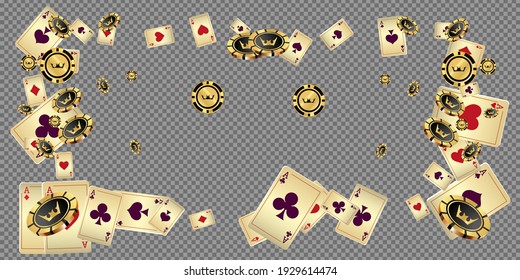 Falling aces and casino chips are falling down. Playing Cards rain. Pattern for ads of parties, events in Vegas. Vector illustration in vintage style.