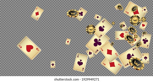 Falling aces and casino chips are falling down. Playing Cards rain. Pattern for ads of parties, events in Vegas. Vector illustration in vintage style.