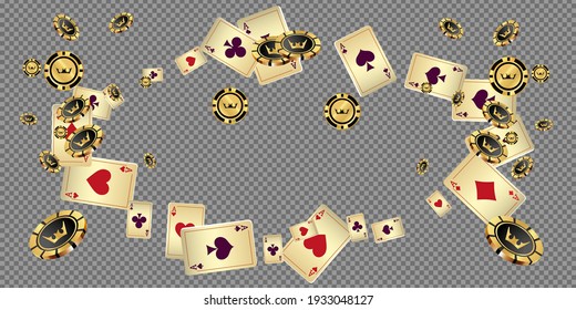 Falling aces and casino chips are falling down. Playing Cards rain. Pattern for ads of parties, events in Vegas. Vector illustration in vintage style.