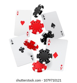 Falling aces and casino chips with isolated on white background. Playing cards, red and black money chips fly. The concept of winning or gambling. Poker and card games. Vector 3d illustration.