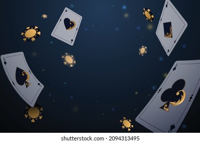 Falling aces and casino chips on abstract blurred background, vector illustration of a casino web banner