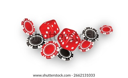 Falling aces and casino chips on white background. Playing cards, red and black money chips. Gambling Poker and card games. Red Dice. Vector illustration