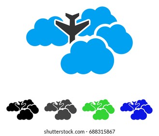 Falling Airplane In Clouds flat vector icon. Colored falling airplane in clouds gray, black, blue, green pictogram variants. Flat icon style for application design.