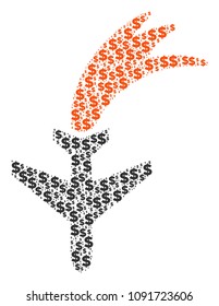 Falling airplane collage of dollars and sphere spots. Vector dollar symbols are combined into falling airplane illustration.