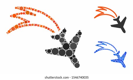 Falling airplane composition of filled circles in different sizes and color tinges, based on falling airplane icon. Vector filled circles are composed into blue composition.