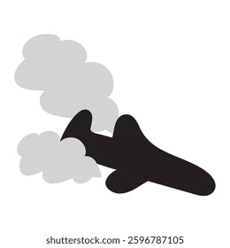 Falling airplane. Airplane crash. Silhouette icon. Vector illustration on white background.