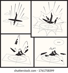 Falling airplane, Crashing airplane on ground and Burning airplane, Airplane Crash flat style vector icon
