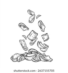 Falling aloe leaf slices piling up monochrome vector black and white illustration. Aloe vera pile for organic skincare packaging, spa branding, wellness products and aesthetic botanical decor