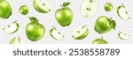 Falling apple fruit 3D realistic, whole and pieces on transparent background with seeds and green leaves. Banner mockup.