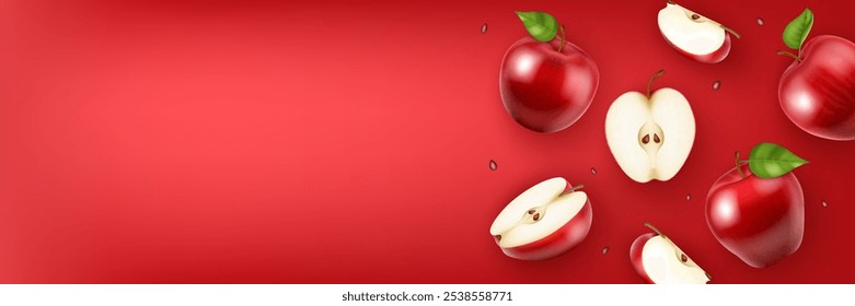 Falling apple fruit 3D realistic, whole and pieces on red background with seeds and green leaves. Banner mockup.