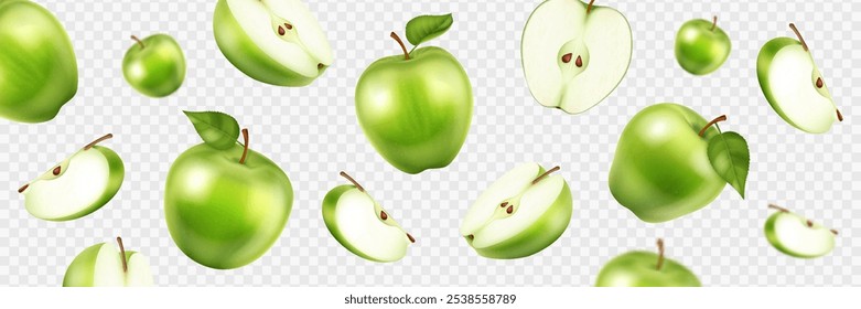 Falling apple fruit 3D realistic, whole and pieces on transparent background with seeds and green leaves. Banner mockup.