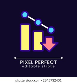 Falling arrow pixel perfect RGB color icon for dark theme. Poor performance. Decreasing revenue and income. Simple filled line drawing on night mode background. Editable stroke. Poppins font used