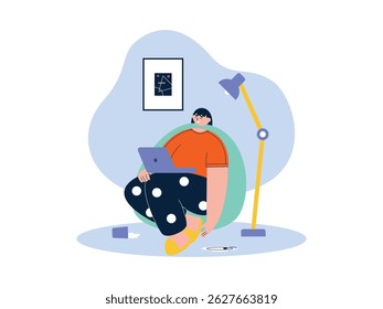 Adormecer enquanto senta enquanto joga laptop, ilustração de vetor de preguiça.