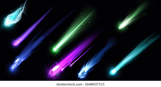 Caindo asteroide ou cometa cores diferentes com trilha de fogo. Conjunto de ilustrações de vetor 3D realista. Metros voadores de alta velocidade no espaço. Meteorito de tiro cósmico. Chuva de meteoros colorida, rocha em chamas