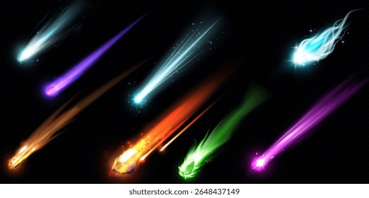 Caindo asteroide ou cometa cores diferentes com trilha de fogo. Ilustração vetorial 3D realista de meteoros voadores de alta velocidade no espaço. Meteorito de tiro cósmico na atmosfera. Rochas queimadas astronômicas