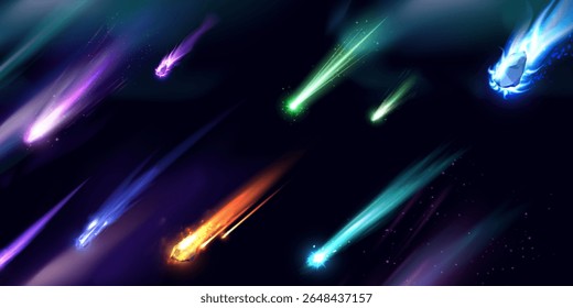 Caindo asteroide ou cometa cores diferentes com trilha de fogo. Ilustração vetorial 3D realista de meteoros voadores de alta velocidade no espaço. Meteorito de tiro cósmico, queimando rochas na Aurora Polaris