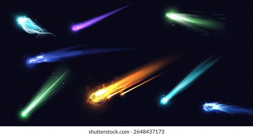 Caindo asteroide ou cometa cores diferentes com trilha de fogo. Ilustrações realistas do vetor 3D conjunto de meteoros voadores de alta velocidade no espaço. Meteorito de tiro cósmico. Arrepios astronômicos, bolas de fogo