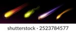 Falling asteroid and comet with fire and dust tail. Realistic 3d vector illustration set of flying on high speed meteor in outer space with light trail. Cosmic magic shooting fireball in atmosphere.