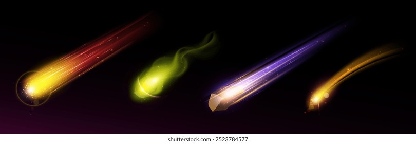 Falling asteroid and comet with fire and dust tail. Realistic 3d vector illustration set of flying on high speed meteor in outer space with light trail. Cosmic magic shooting fireball in atmosphere.