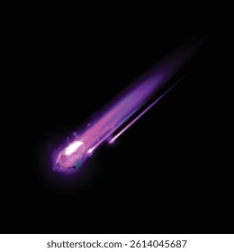 Falling asteroid or comet with fire and dust tail. Realistic 3D vector illustration of high speed flying meteor, burning rock in space with purple light trail. Cosmic shooting meteorite in atmosphere