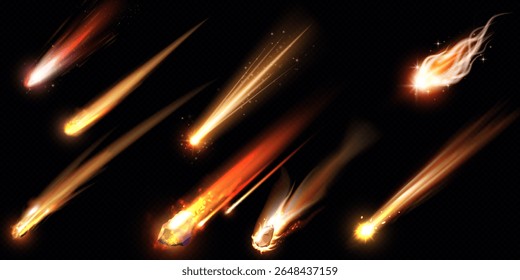 asteroide ou cometa com trilha de fogo laranja. Ilustração vetorial 3D realista de meteoros voadores de alta velocidade no espaço. Meteorito de tiro cósmico. Ardor astronômico em rocha, chuva de meteoros
