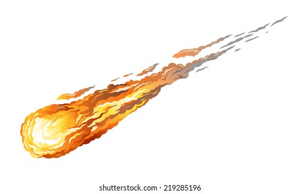 Falling asteroid with long fiery tail, isolated on white