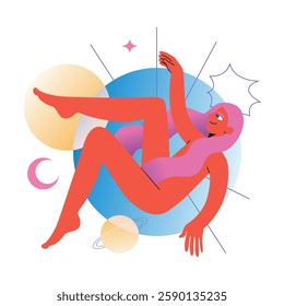 Falling to the astrological world. Woman falls against the background of space and planets. Vector flat illustration	on white background.