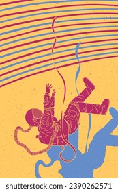 Falling astronaut. Cosmonaut abstract retro poster. Man alone in space