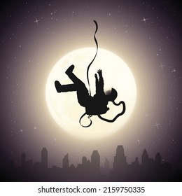 Falling astronaut. Flying cosmonaut outline. Lonely man and full moon
