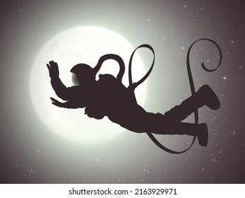 Falling astronaut. Flying cosmonaut outline. Lonely man and full moon