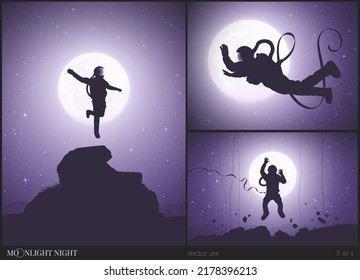 Falling astronaut. Flying cosmonaut. Sci Fi. Lonely man and full moon
