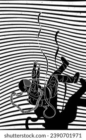 Falling astronaut in space. Graphic black white sci-fi poster with lines