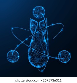 La bomba atómica cayendo. Un proyectil alrededor del cual giran tres esferas, conectadas por trayectorias orbitales. Diseño de baja poli de líneas y puntos interconectados, fondo azul.