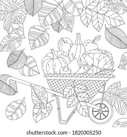 falling autumn fancy leaves, checkered wheelbarrow with fresh vegetables and fruits for your coloring book