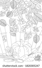 falling autumn fancy leaves, heap of fresh vegetables and fruits against rustic wooden fence for your coloring book