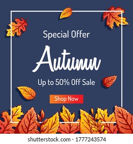 falling autumn leaves background for shopping sale or promo poster and frame leaflet or web banner