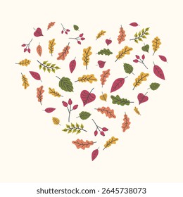 Falling autumn leaves berries in heart shape composition. Doodle style seasonal background. Perfect for Thanksgiving design, card, print, packaging, poster, social media, scrapbooking, sticker, label 