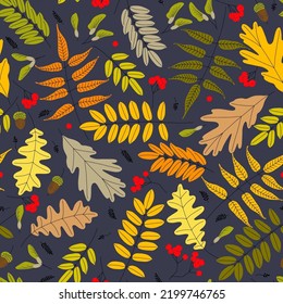 Falling autumn leaves, berries, seeds and acorns seamless pattern. Vector illustration. Background for textile or book covers, wallpaper, design, graphics, printing, hobbies, invitations.
