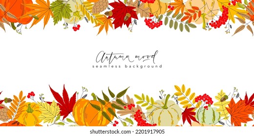 Falling autumn leaves, berries, seeds, cone and acorns seamless border pattern with copy space. Vector illustration. Background for headers, cards, covers, wallpapers, promo materials.