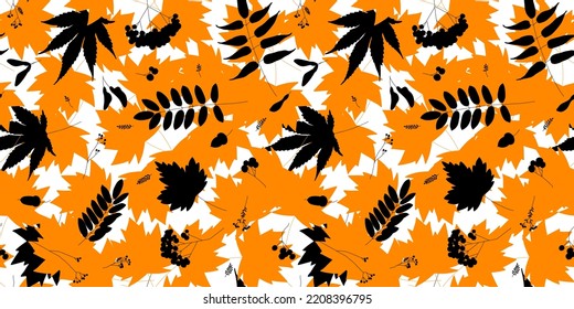 Falling autumn leaves, berries, seeds and acorns seamless pattern. Vector illustration. Background for textile or book covers, wallpaper, design, graphics, printing, hobbies, invitations.