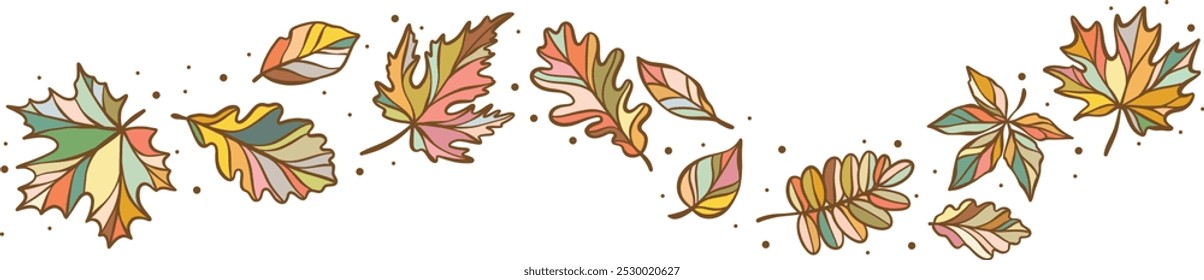 Falling autumn leaves, colorful vector clip art wave, vector illustration, hand drawn leaf elements, windy weather, creative decorative element, isolated