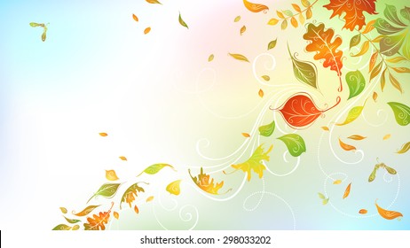 Falling autumn leaves on bright background. Horizontal autumn background with place for your text. Birch, elm, oak, rowan, maple, chestnut and aspen leaves. Mesh background.