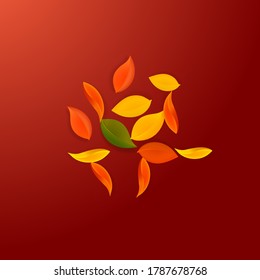 Falling autumn leaves. Red, yellow, green, brown neat leaves flying. Explosion colorful foliage on perfect red background. Bold back to school sale.
