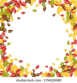 Falling autumn leaves. Red, yellow, green, brown chaotic leaves flying. Vignette colorful foliage on precious white background. Brilliant back to school sale.