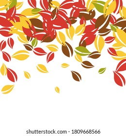 Falling autumn leaves. Red, yellow, green, brown chaotic leaves flying. Falling rain colorful foliage on fair white background. Breathtaking back to school sale.