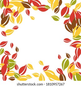 Falling autumn leaves. Red, yellow, green, brown chaotic leaves flying. Vignette colorful foliage on fabulous white background. Brilliant back to school sale.