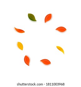 Falling autumn leaves. Red, yellow, green, brown neat leaves flying. Frame colorful foliage on mesmeric sunset background. Breathtaking back to school sale.