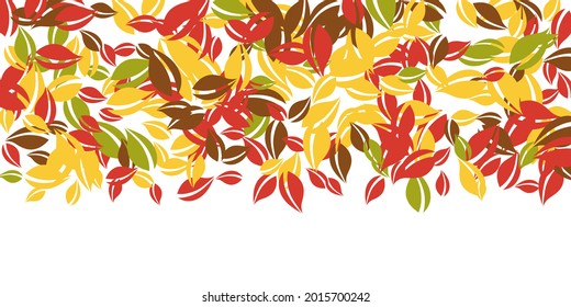 Falling autumn leaves. Red, yellow, green, brown chaotic leaves flying. Gradient colorful foliage on pleasant white background. Beauteous back to school sale.