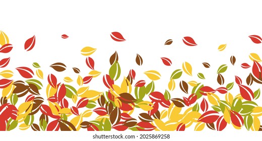 Falling autumn leaves. Red, yellow, green, brown chaotic leaves flying. Falling rain colorful foliage on beauteous white background. Charming back to school sale.